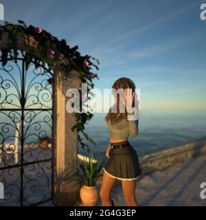 3D illustration of a woman with one hand up and her head turned away near the seashore at sunset with a small patio on the background.
