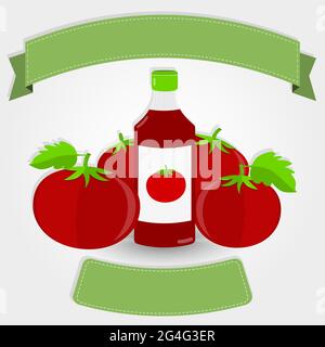 Tomato sauce or ketchup bottle surrounded by tomatoes. Blank ribbon for insert text. Gray gradient background with shadow. Stock Vector