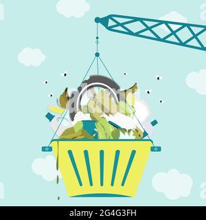 Crane carrying a bucket full of garbage with flies around. Blue sky in the background. Stock Vector