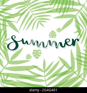 Summer lettering. Tropical leaves. Vector illustration, flat design Stock Vector