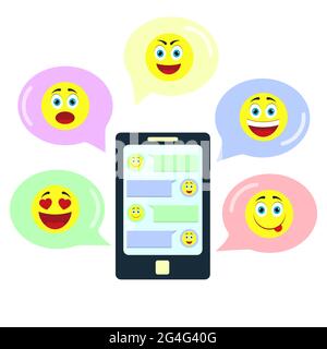 Chat in an application on the smartphone using different emoticons Stock Vector