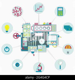 Machine with business, money and creative icons (light bulb, numbers, graph, calculator, money, delivery, magnifying glass, microscope). Circular sche Stock Vector