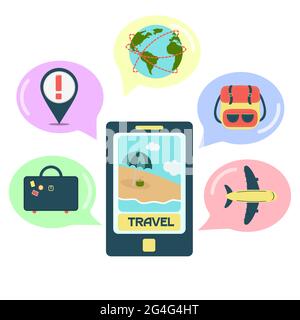 Travel application on the smartphone with balloons and travel icons. White background. Stock Vector