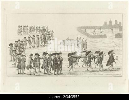 . Cartoon on the Rijngraaf van Salm. A funeral procession in which Keeshonden bear a barele on which a deceased salmon lies. Behind the barle a procession of patriots is indicated by numbers. In the background right a graveyard where Prussian soldiers dig a grave for the fish. Following leaving Utrecht by the Rijngraaf and the Patriots at the approach to the Prussian troops in September 1787. At the print, a statement and a read-cedul. Stock Photo