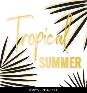 Tropical summer golden text. Background with dark tropical palm leaves. Vector illustration, flat design Stock Vector