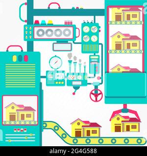 Colorful factory of houses with cute machines. Flat design. Stock Vector