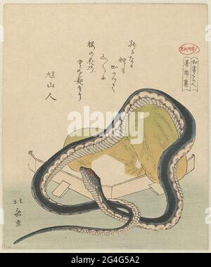 . Snake, two melons and a wooden box. The Chomonjû is a 30-share bookwork written by Tachibana No Narisue in 1254. One of the stories is about a melon that is given to Fujiwara No Michinaga (921-1005). There appears to be a hose in the melon, where you will find out on time. With one poem. The print is a B copy. Stock Photo