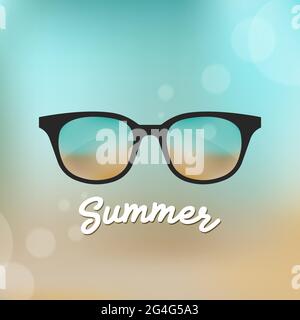 Retro glass mirror sunglasses. Blurred background. Beach inspiration. Front view. Summer concept. Vector illustration, flat design Stock Vector