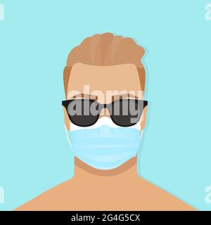 Young man wearing sunglasses and mask. Summer 2020. Protection against coronavirus. New normal lifestyle. Vector illustration, flat design Stock Vector