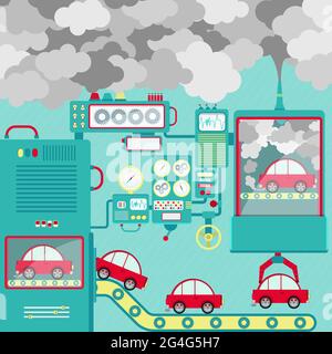 Automobile industry and the pollution released into the atmosphere. Conceptual. Stock Vector