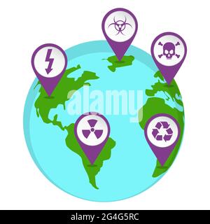 Map pin illustrated with a radioactive icons marking a point on the planet earth. Stock Vector