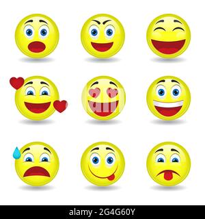 Nine circular and yellow emoticons: surprise, passionate, worried, happy, smiling, scared, cute Stock Vector