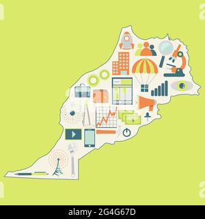 Contour map of Marocco with icons of technology, business, science, communication Stock Vector