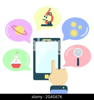 Science application on the smartphone. Balloons with science and educational icons. White background. Stock Vector
