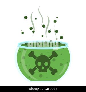 Transparent glass with green poison. Crossbones at the glass. Liquid bubbling. Isolated. White background. Stock Vector