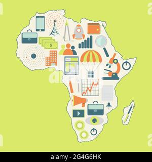 Contour map of Africa with icons of technology, business, science, communication Stock Vector