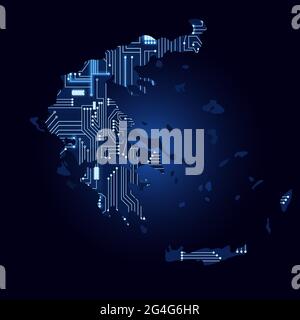 Contour map of Greece with a technological electronics circuit. Stock Vector