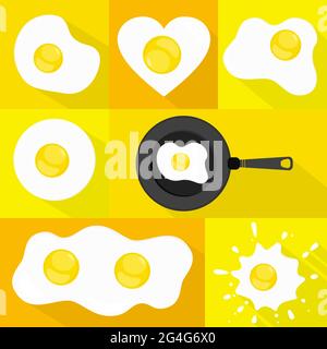 Set of fried eggs or raw eggs. Many shapes. Long shadow. Stock Vector