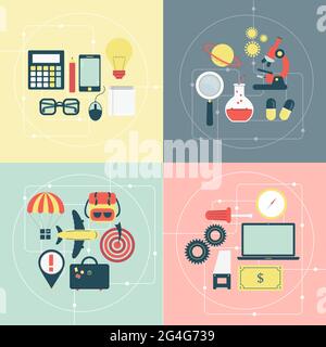 Four icons groups on four different topics: business, science, study and travel Stock Vector