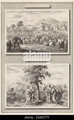 . Two performances on a plate. Above: Christ, seated on a donkey, rides Jerusalem. Around him people wave with palm branches and lay down mantels before Christ on the ground. Below: Christ stands with his disciples in a withered fig tree. He explains his apostles that he cursed the tree because he didn't give him a fruit. Stock Photo