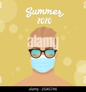 Young man wearing sunglasses and mask. Summer 2020. Protection against coronavirus. New normal lifestyle. Vector illustration, flat design Stock Vector