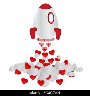 Rocket taking off and freeing up hearts. Isolated. White background. Stock Vector
