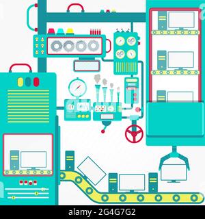 Computer industry with machinery and gripper handling computers. Stock Vector