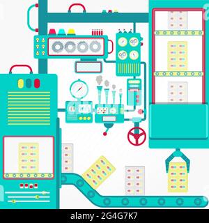 Cute pharmaceutical industry with machinery and gripper pack of drug pills. Stock Vector