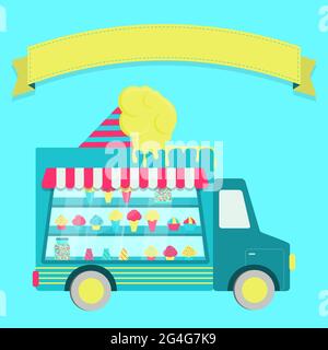 Vector of colorful ice cream truck with sweets and ice creams. Flat design. Stock Vector