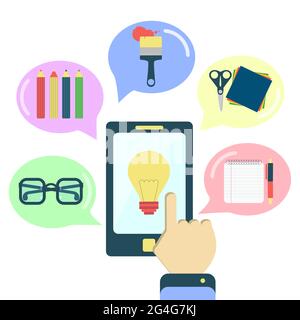 Creativity application on the smartphone. Balloons with  icons of creative tools. White background. Stock Vector