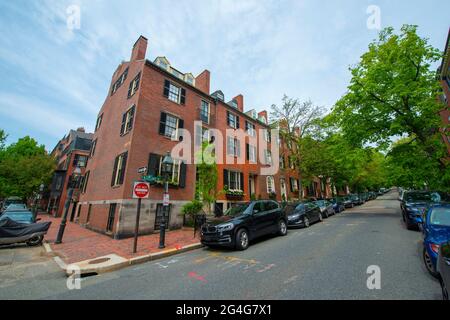 Historic Buildings on 57 Chestnut Street at W Cedar Street on Beacon Hill, Boston, Massachusetts MA, USA. Stock Photo