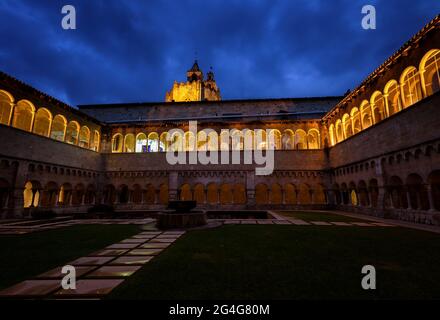 Cloister of the Monastery of Sant Cugat del Vallès at the evening twilight - blue hour (Barcelona, Catalonia, Spain) Stock Photo