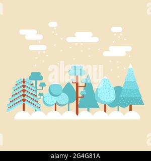 Winter landscape with trees and pines. Snow falling. Flat design. Stock Vector