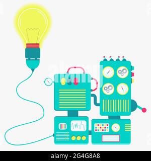 Cute and colorful electric machine with plug connected on lamp. Blank panel for insert text. Stock Vector