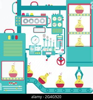 Chemical industry with machinery and gripper Erlenmeyer flask with chemicals. Stock Vector