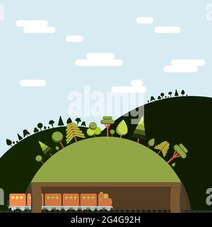 Train through the tunnel. Scenery with mountains, trees and blue sky. Flat design. Stock Vector