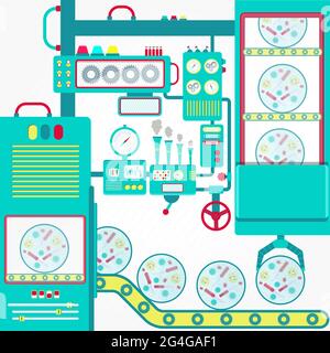 Industrial microbiology with machinery and gripper holding bacterial colony under magnifying glass. Stock Vector