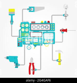 Machine in center with grippers holding tools like hammer, drill, screwdriver, plier, spanner, saw and brush. Conceptual. Stock Vector