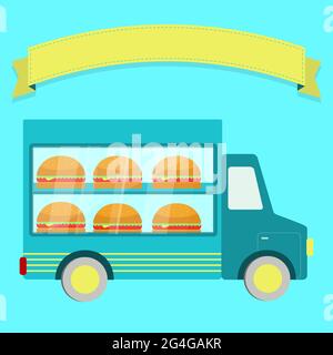 Vector illustration of truck with sandwiches behind a window. Empty ribbon for insert text. Stock Vector