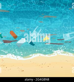 Polluted seashore with sand, garbage, bottles, paper cups, plastic bags, trash, top view. Cartoon vector illustration. Stock Vector