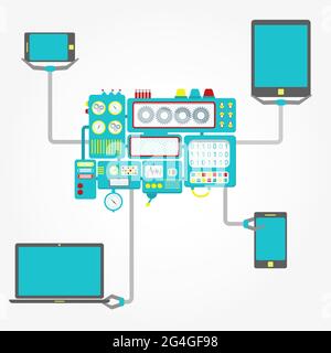 Machine in center with grippers holding electronic equipments like laptop, tablet and cellphone. Conceptual. Stock Vector