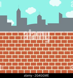 Skyline city behind the wall. Wall of clay bricks. Blue sky in the background. Stock Vector