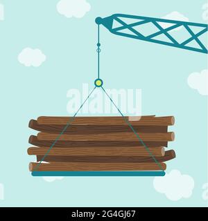 Crane carrying wooden logs. Blue sky in the background. Stock Vector