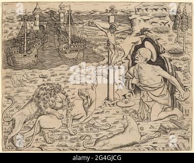 Saint Jerome in Penitence, with Two Ships in a Harbor, c. 1480/1500. Stock Photo