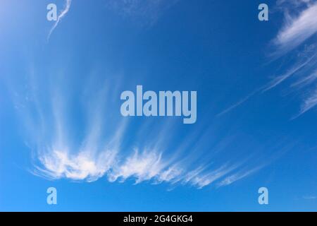 High white cirrus clouds against a deep blue sky Stock Photo