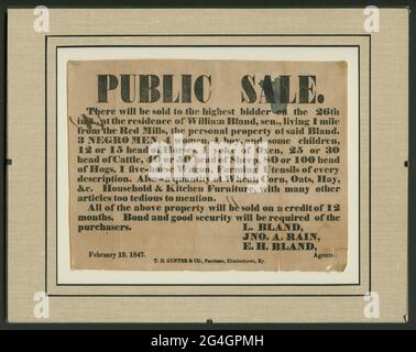 Enslaved people were traded no differently than a piece of farming equipment, livestock, or commodity crops. Slave traders and owners viewed the men, women, and children listed as inventory in this broadside as inhuman and lacking feeling, but they were loved by someone. The broadside has black text on yellowed paper. Some of the ink in the top right corner has bled and stained the paper. Additional marks and water stains appear throughout the advertisement. The broadside reads &#x201c;PUBLIC SALE. / There will be sold to the highest bidder on the 26th / inst., at the residence of William Blan Stock Photo