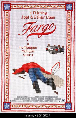 Fargo (1996) directed by Joel Coen and Ethan Coen and starring William H. Macy, Frances McDormand and Steve Buscemi. Coen brothers original black comedy about a bungled crime results in bloody violence and police interest. Stock Photo