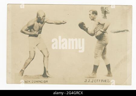 &quot;Fight of the Century&quot; between Jack Johnson and James J. Jeffries in Reno, Nevada. The boxers are pictured separately but facing each other. Each man's name is written below his feet. Jeffries is perhaps most famous for being United States &quot;Great White Hope&quot;, since the nation expected him to come out of his retirement to beat the African-American boxer Jack Johnson. Johnson, the first Black American world heavyweight boxing champion, won the match and and retained the title. Stock Photo