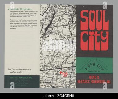 The pamphlet is black with red letters and green banner across the bottom. The words [SOUL / CITY] are in red bubble letters. The rest of the cover reads [A NEW CITY/ DEVELOPED BY / FLOYD B. / McKISSICK ENTERPRISES, INC.]. The inside of the pamphlet describes Soul City and outlines why the city is necessary and how it will operate and sustain iself. The back of the pamphlet is a black and white map showing the area from Washington, D.C. to Raleigh, North Carolina. [Soul City] is highlighted in red letters on the map just north of Raleigh. Soul City was a planned community first proposed in 196 Stock Photo