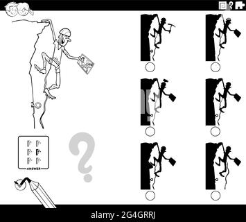 Black and white cartoon illustration of finding the shadow without differences educational game for children with funny climber character coloring boo Stock Vector